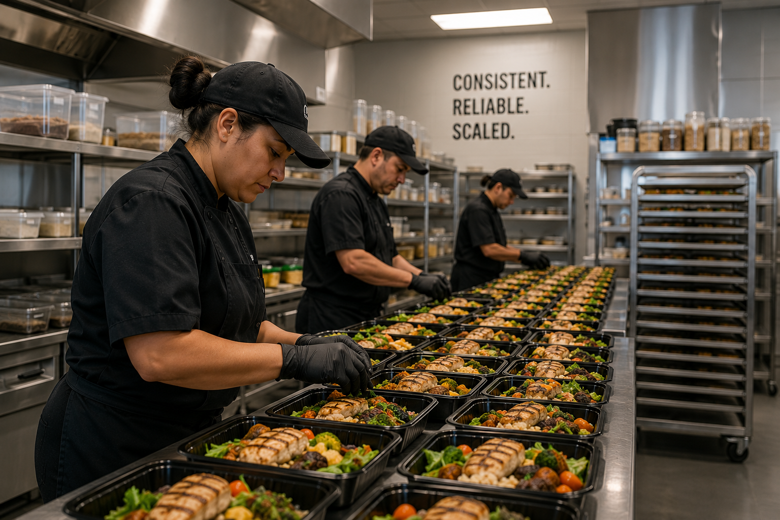 Scaled catering production line preparing meals across a multi-unit operation